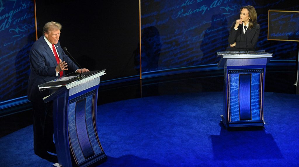 US Vice President and Democratic presidential candidate Kamala Harris listens as former US President and Republican presidential candidate Donald Trump speaks during a presidential debate at the National Constitution Center in Philadelphia, on 10 September 2024. Credit: SAUL LOEB/AFP via Getty Images