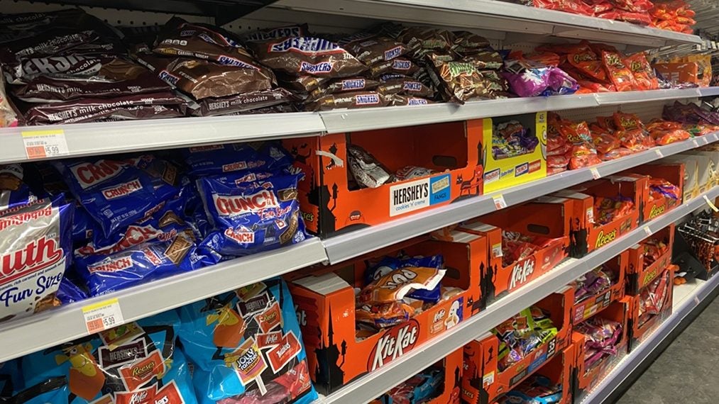 Assorted chocolate bars and bags of candy on display for Hallowe’en at CVS Pharmacy, Queens, New York